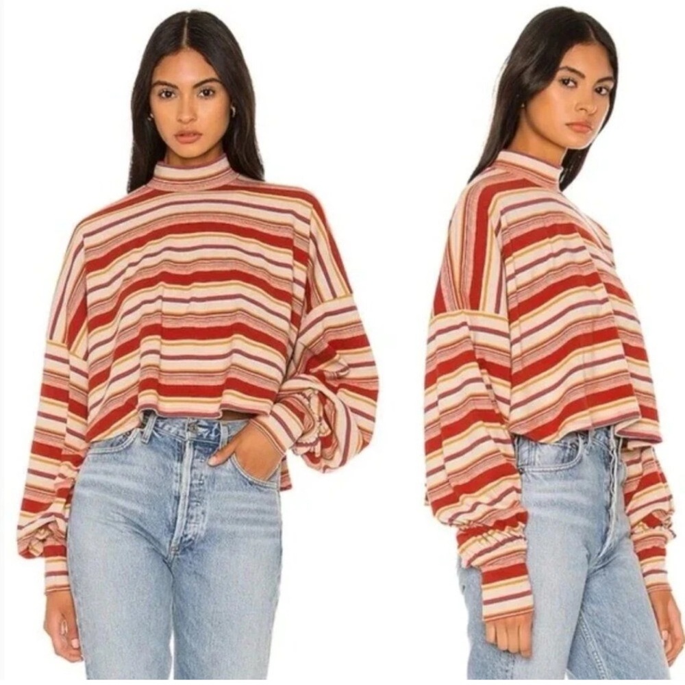 Free People Crop Sweater Small Red Stripe Balloon Sleeve Boho Knit